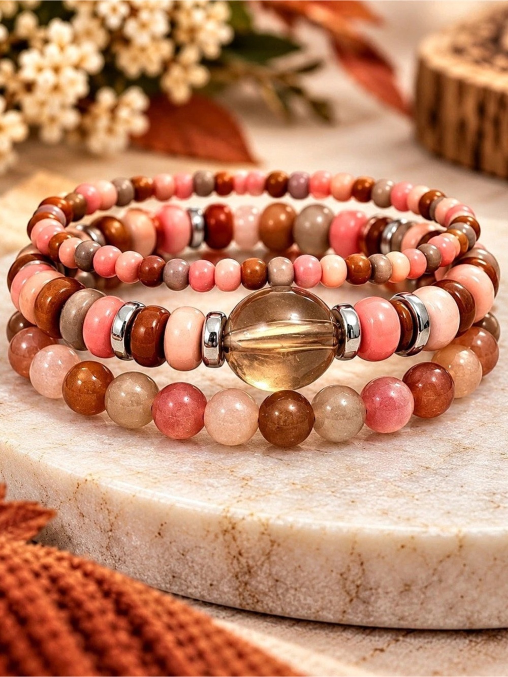 paparazzi Beaded Bracelet Set in Pink & Brown Like New